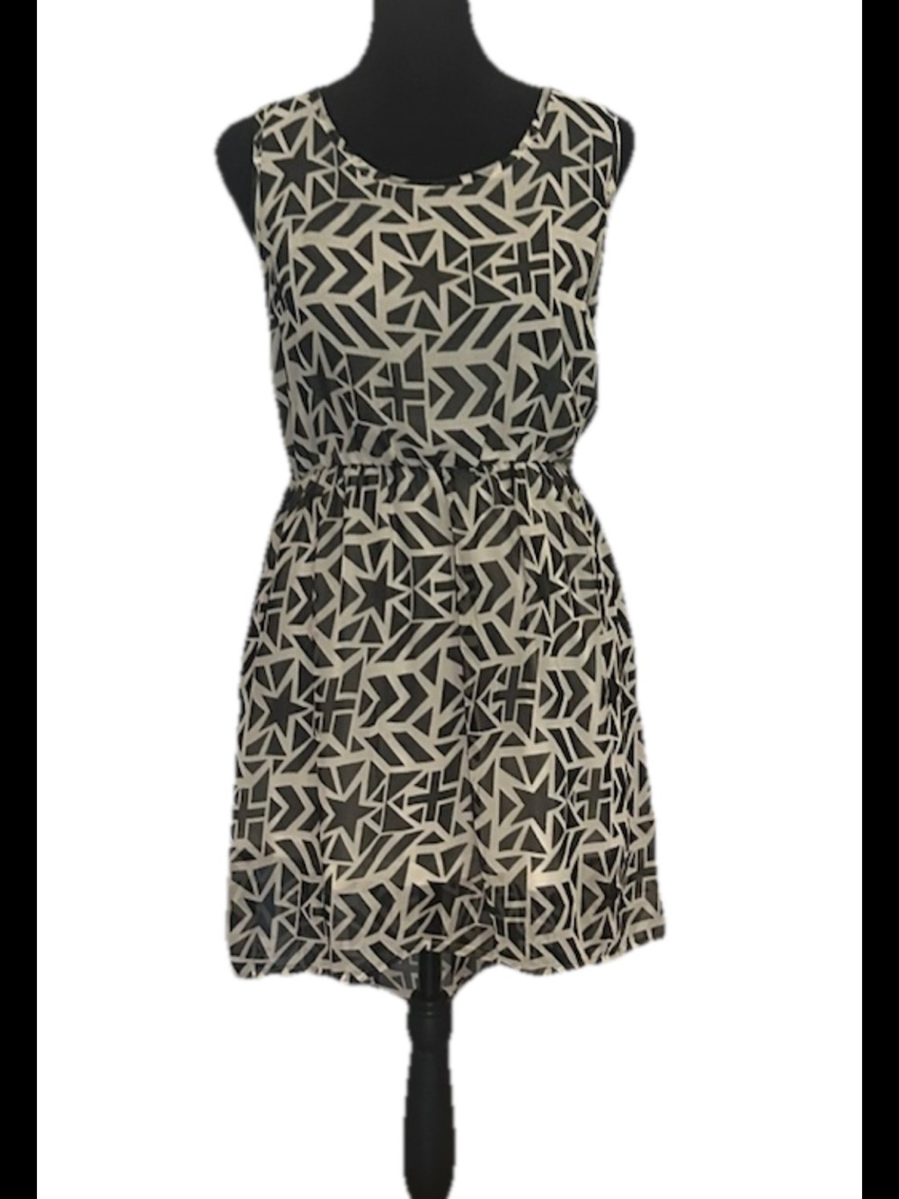 Black White Geometric Sleeveless Short Dress Round Neck Women Size 6